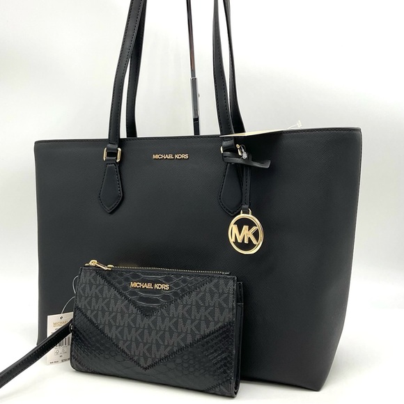 Michael Kors Bag Large Sheila Mf Tote Bag & Large Double Zip Wallet Black/Gold - Picture 2 of 14